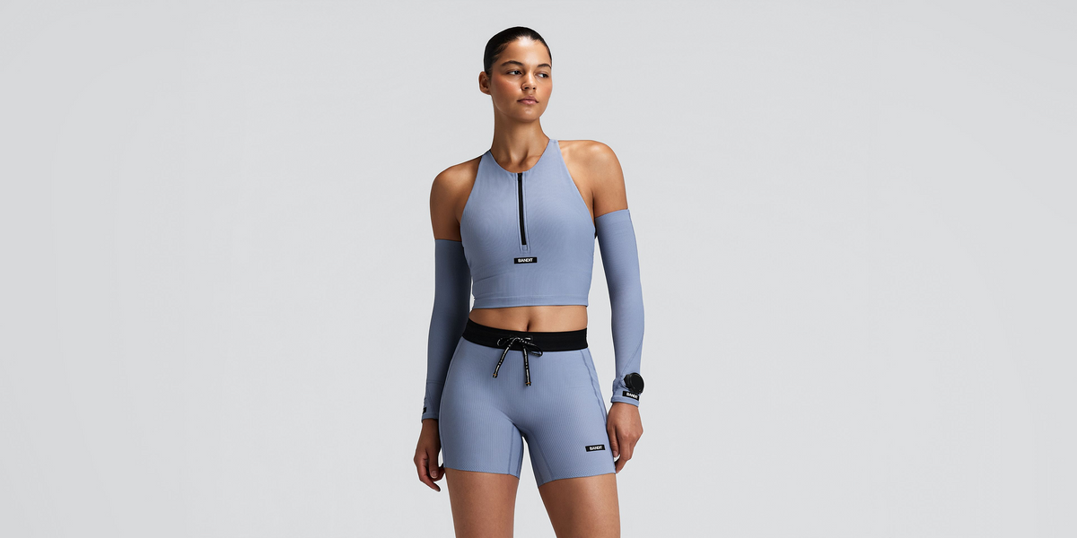 Women's Striped Cadence™ Zip Front T-Back Race Crop - Steel Horizon / Pavilion Blue