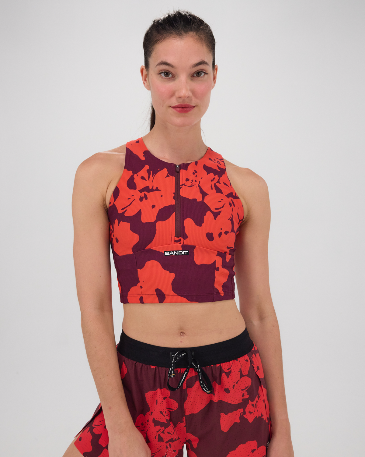 Cadence™ Zip Front Race Crop - Fleura, Fig / Intense Red