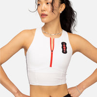 Thumbnail of Cadence Stripe™ Zip Front Race Crop, White with Black - Bandit x ASICS