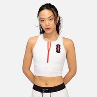 Thumbnail of Cadence Stripe™ Zip Front Race Crop, White with Black - Bandit x ASICS