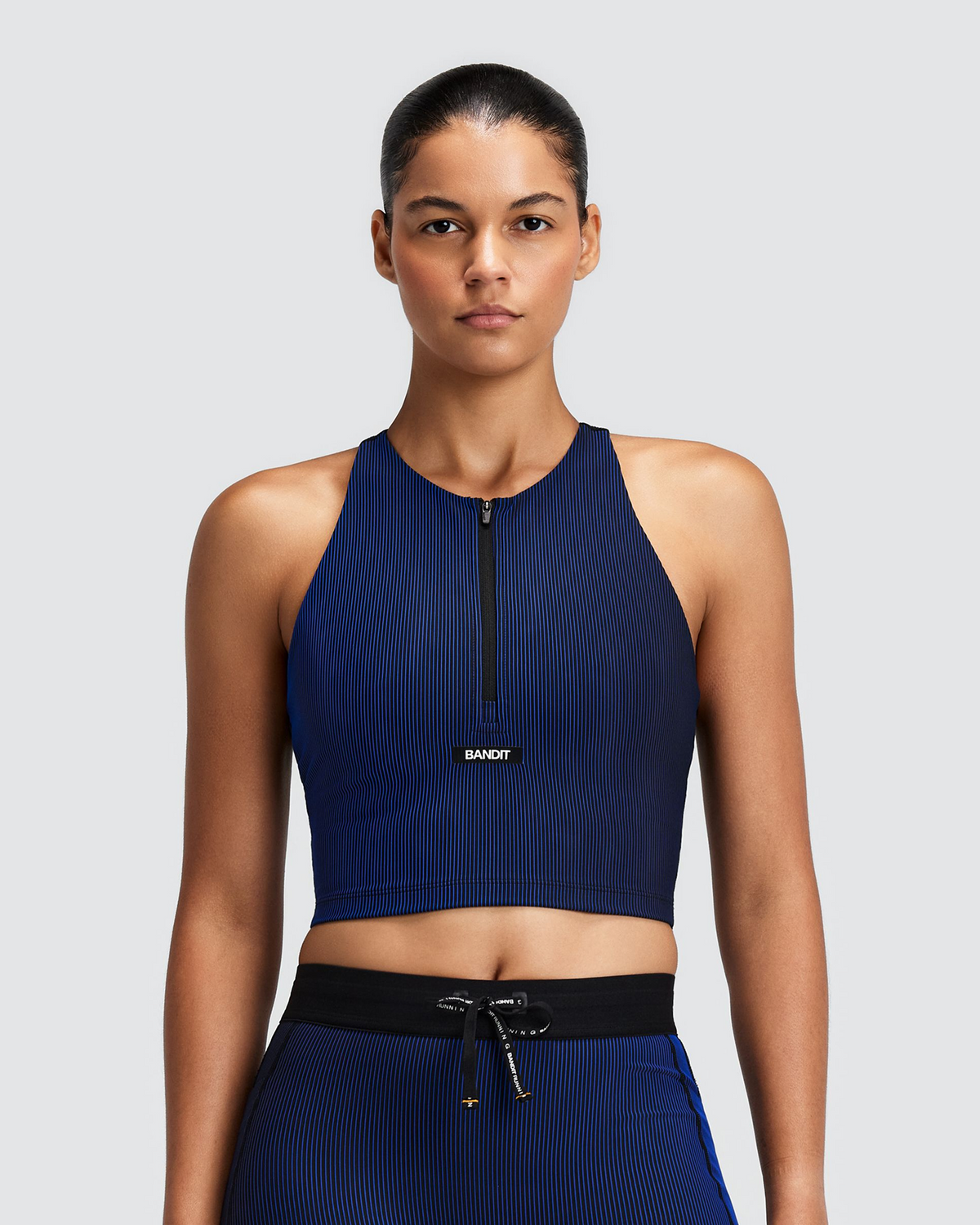 Women's Striped Cadence™ Zip Front T-Back Race Crop - Black / Bauhaus Blue